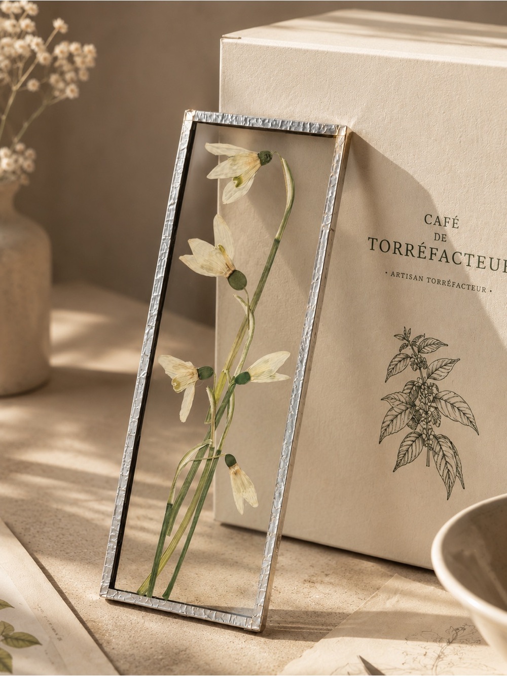 Pressed Snowdrop Floral Glass Frame - Green & Cream